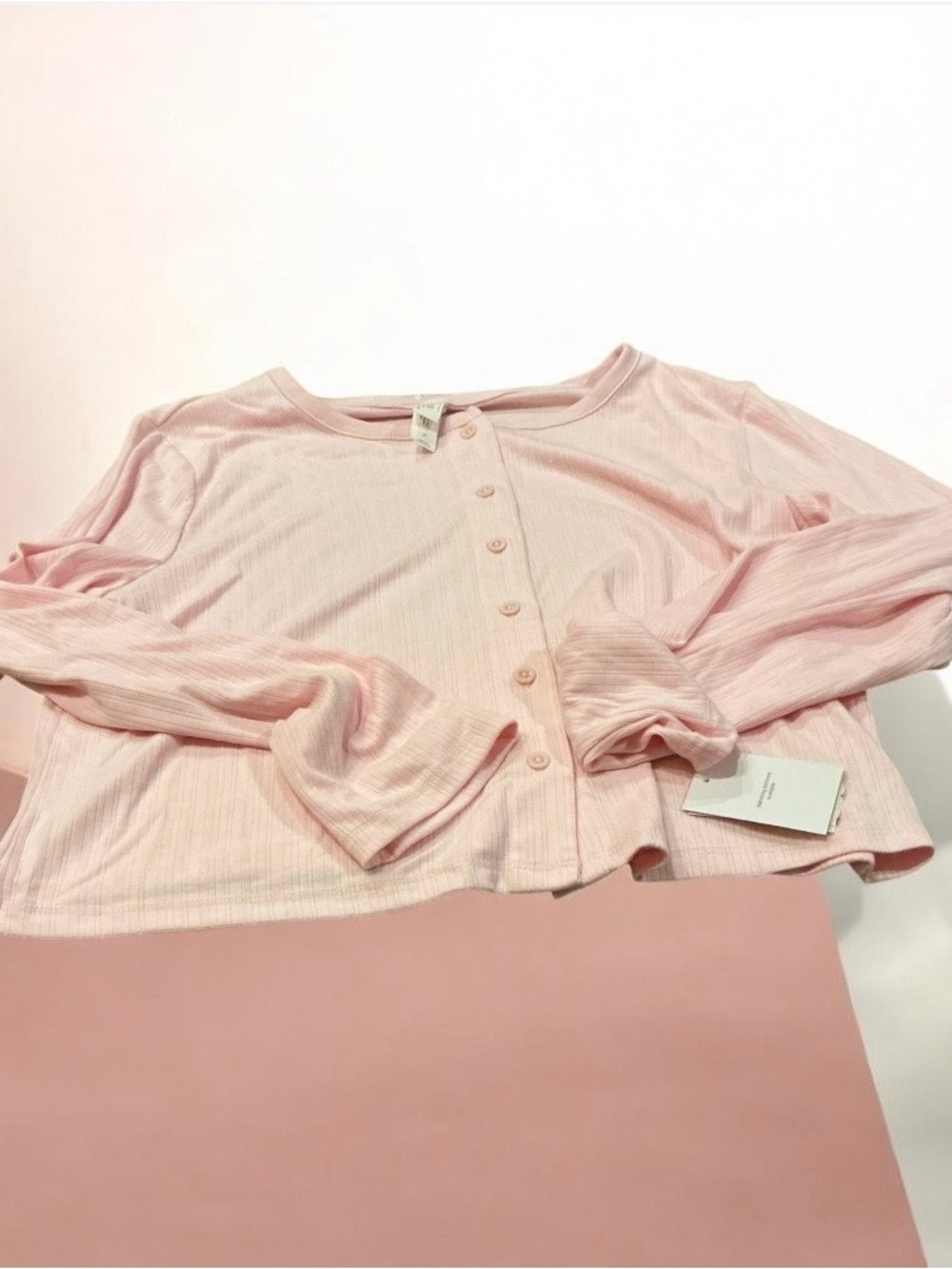 Auden Light Pink Ribbed Button-Front Long Sleeve Top